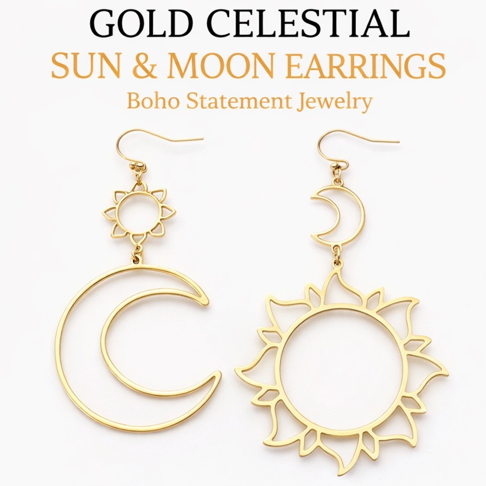 Gold Sun & Moon Celestial Mismatched Earrings Boho Astrology Statement Jewelry - Picture 2 of 3